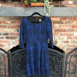 Taylor blue & black printed dress, 3/4 sleeves